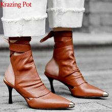 Load image into Gallery viewer, Genuine leather ankle lace up stiletto high heels summer boots