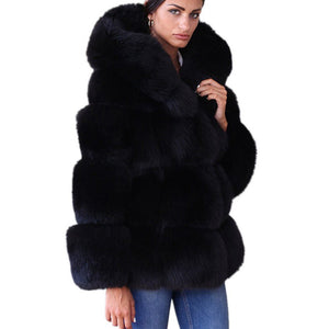 Black Faux Coat Hooded Fluffy Artificial Fur Coat