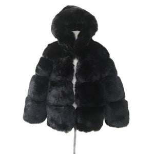 Black Faux Coat Hooded Fluffy Artificial Fur Coat