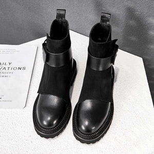 Leather footwear round toe buckle straps British style - FUCHEETAH